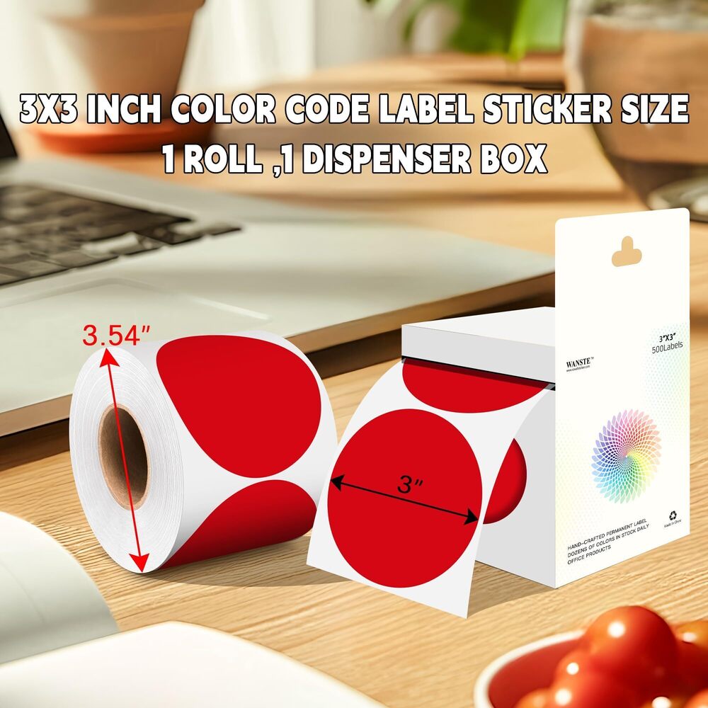 6831 3 Inch Red Color Code Dot Stickers,500 PCS Round Labels Sticker in - Picture 2 of 7